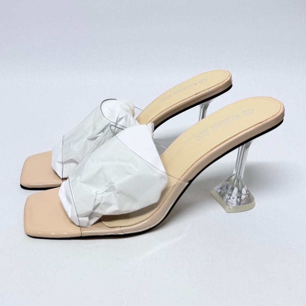 Maiernisi Jessi Beige Clear Strap Square Toe Flared Heel Mules Sandals Size 270